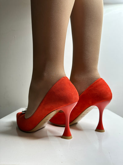 High Heel Orange Shoe With Diamond Embellisnment