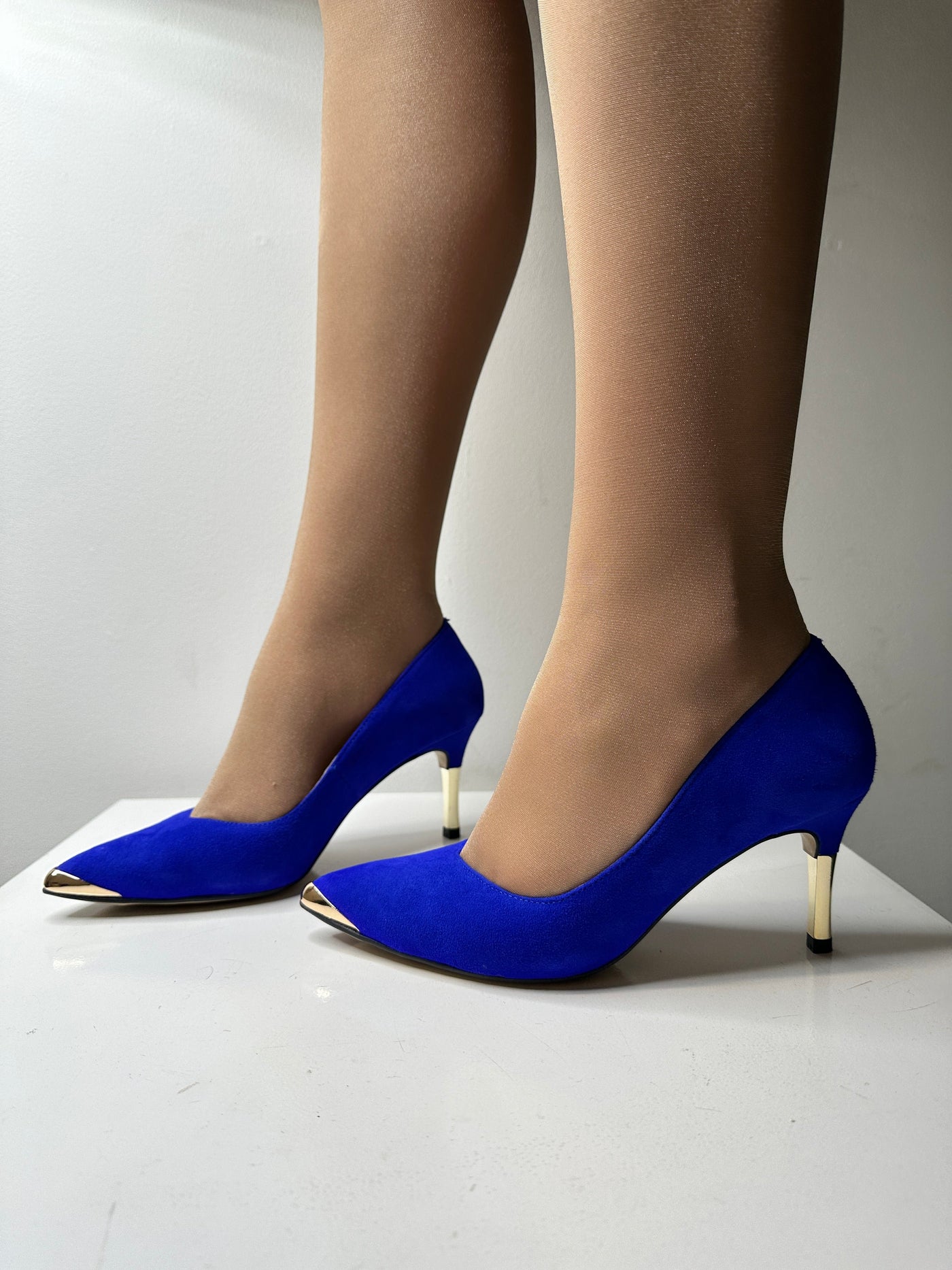 High Heel Cobalt Pointed Shoe With Gold Detail