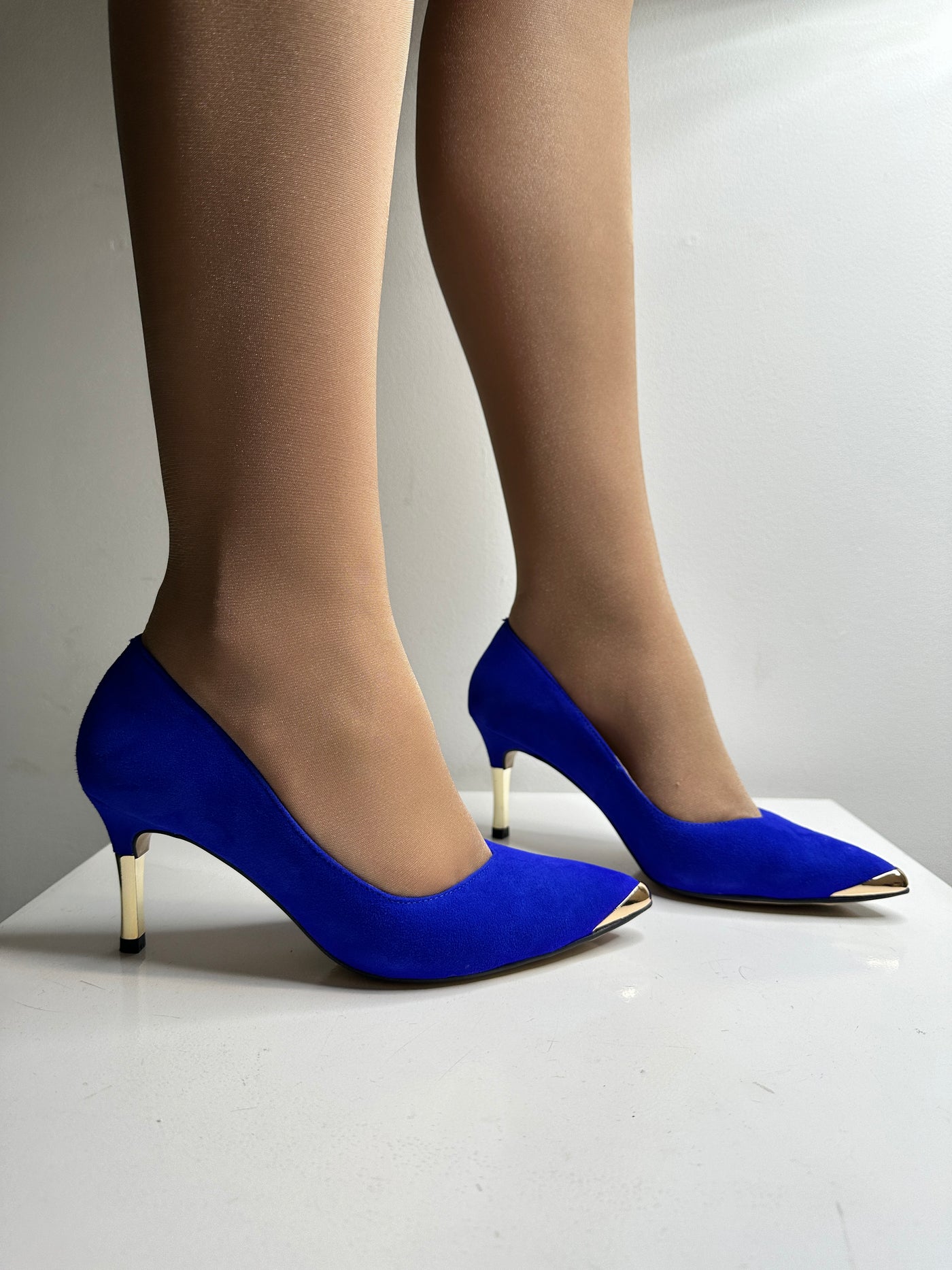 High Heel Cobalt Pointed Shoe With Gold Detail