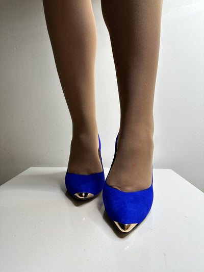 High Heel Cobalt Pointed Shoe With Gold Detail