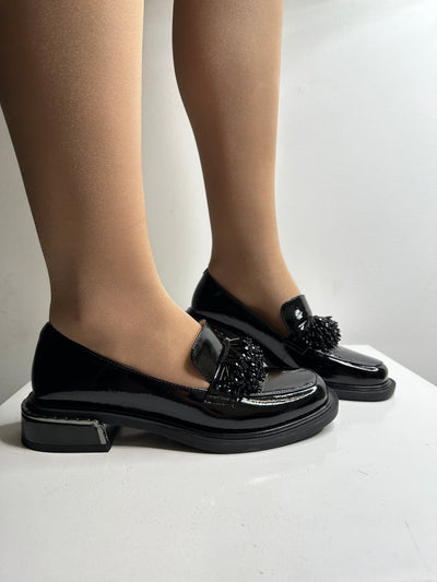 Black Patent Loafer with Front Bead Detailing