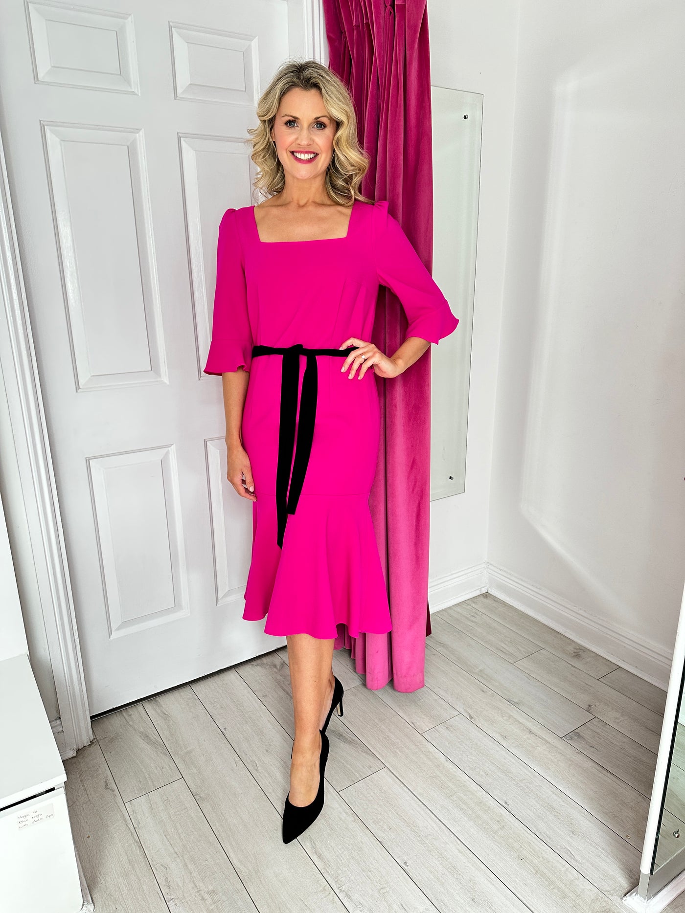 Fuchsia Dress With Black Tie Belt
