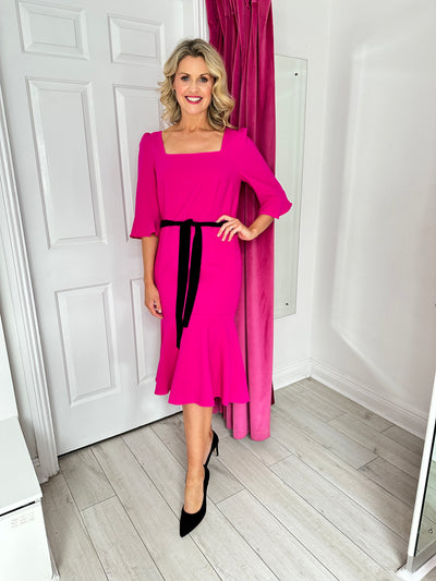 Fuchsia Dress With Black Tie Belt