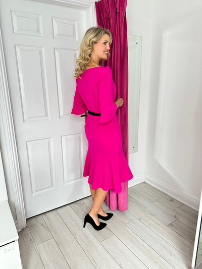 Fuchsia Dress With Black Tie Belt