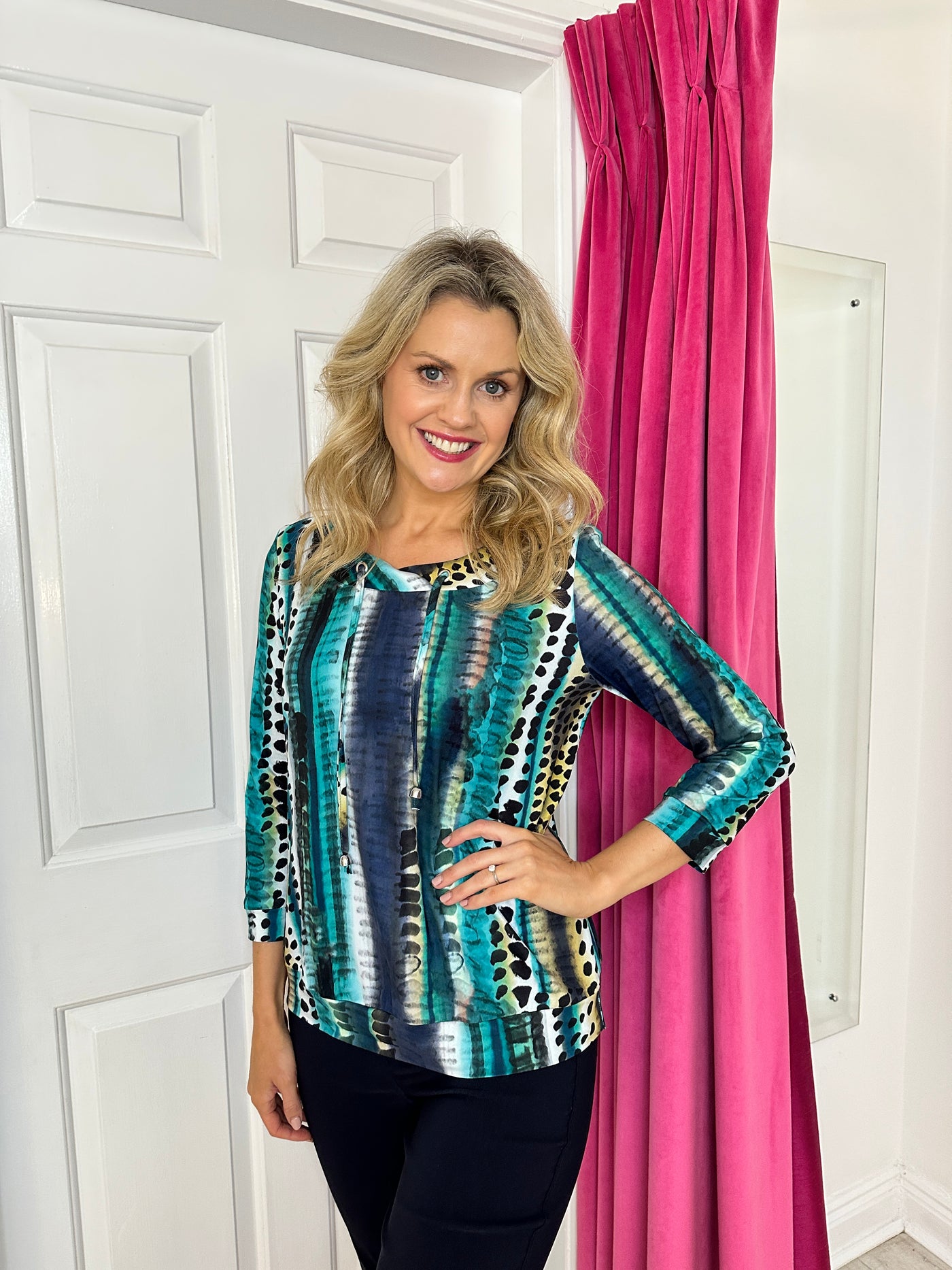 Teal & Multicoloured Top with Drawstring and 3/4 Sleeve