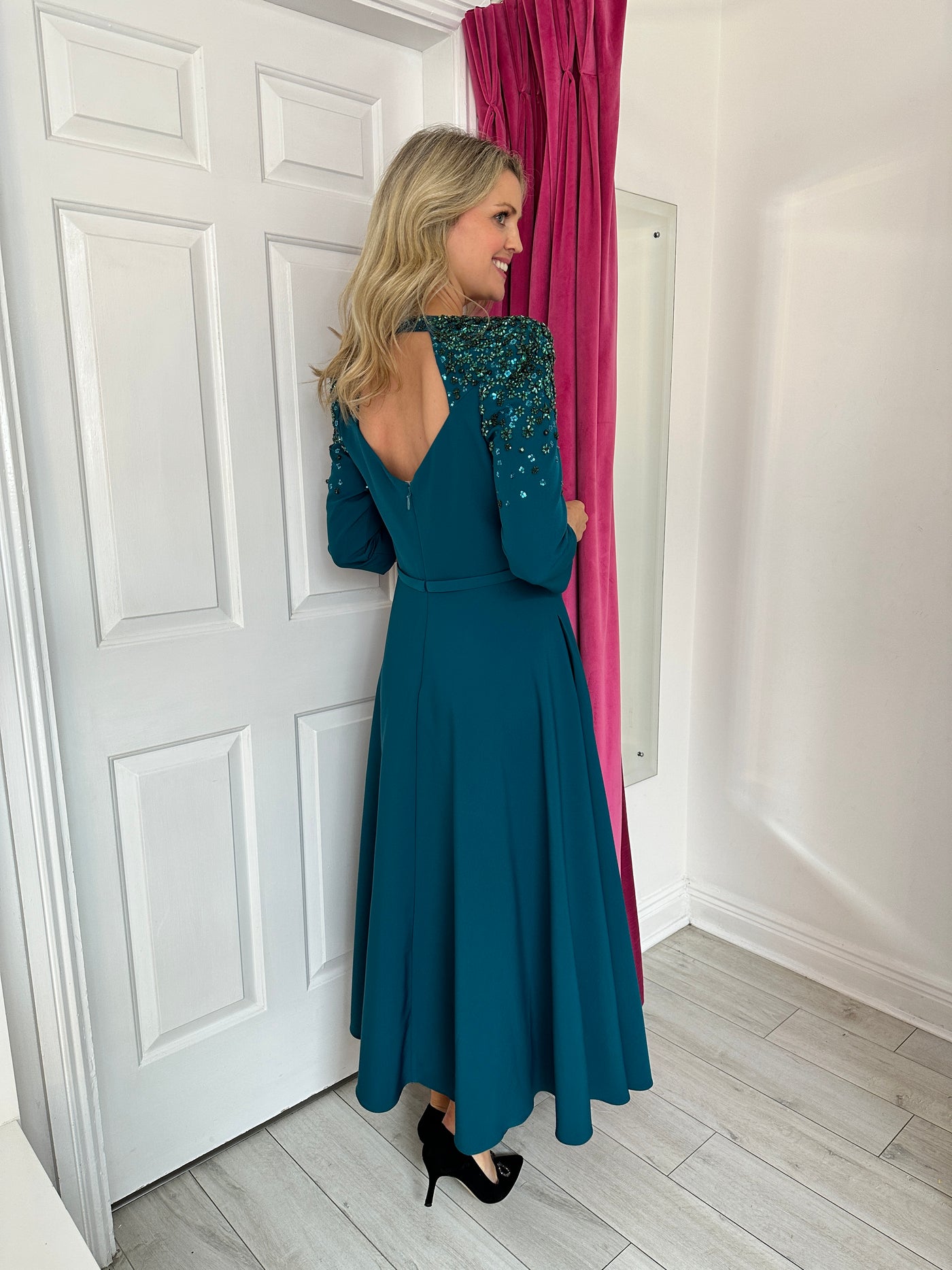 Teal A-Line Dress With Shoulder Embellishments