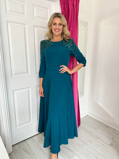 Teal A-Line Dress With Shoulder Embellishments