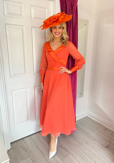Coral Dress With Chiffon Skirt & Sleeves With Button Cuff Detailing