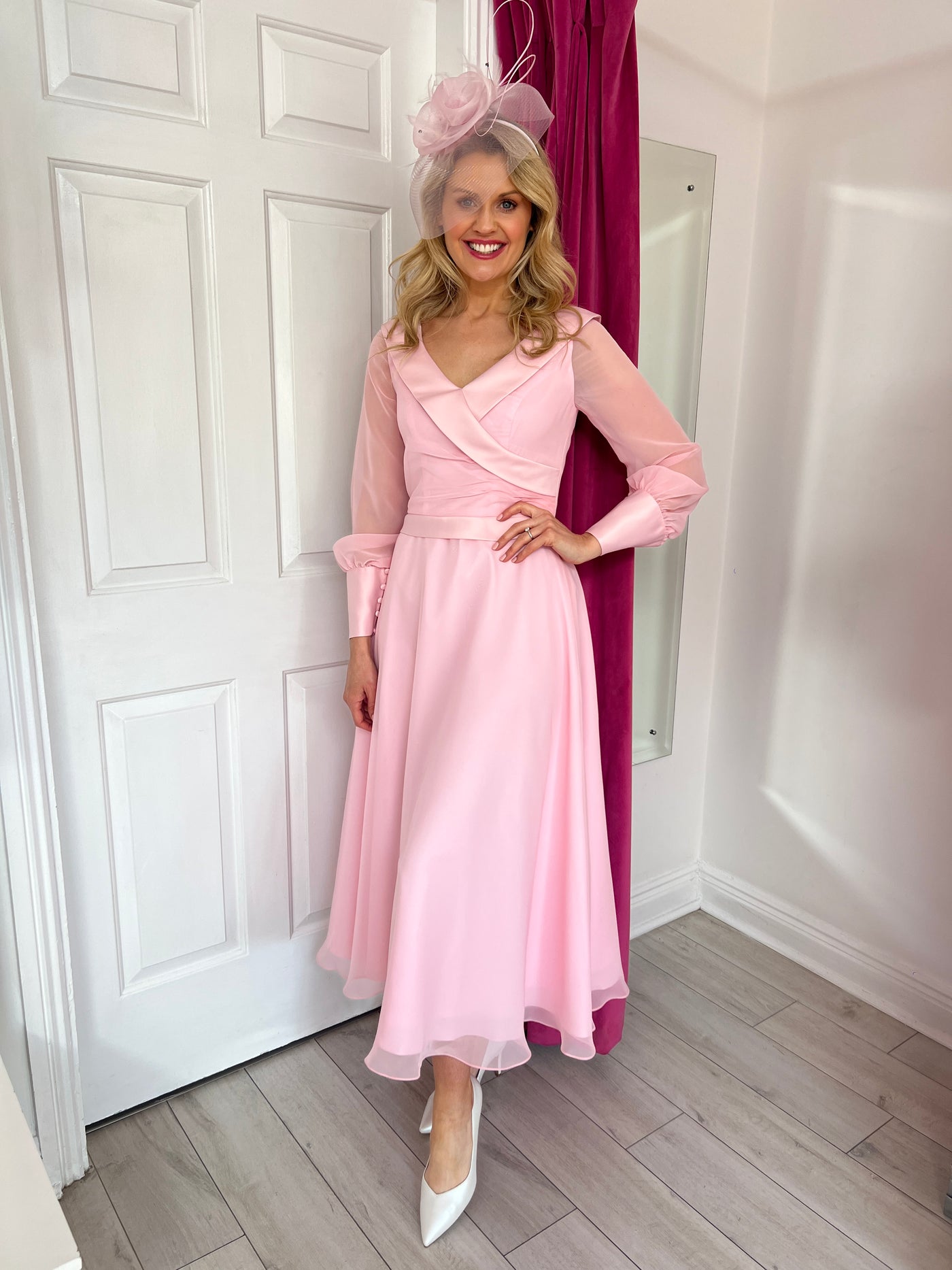 Rose Petal Pink Dress With Chiffon Skirt & Sleeves With Button Cuff Detailing