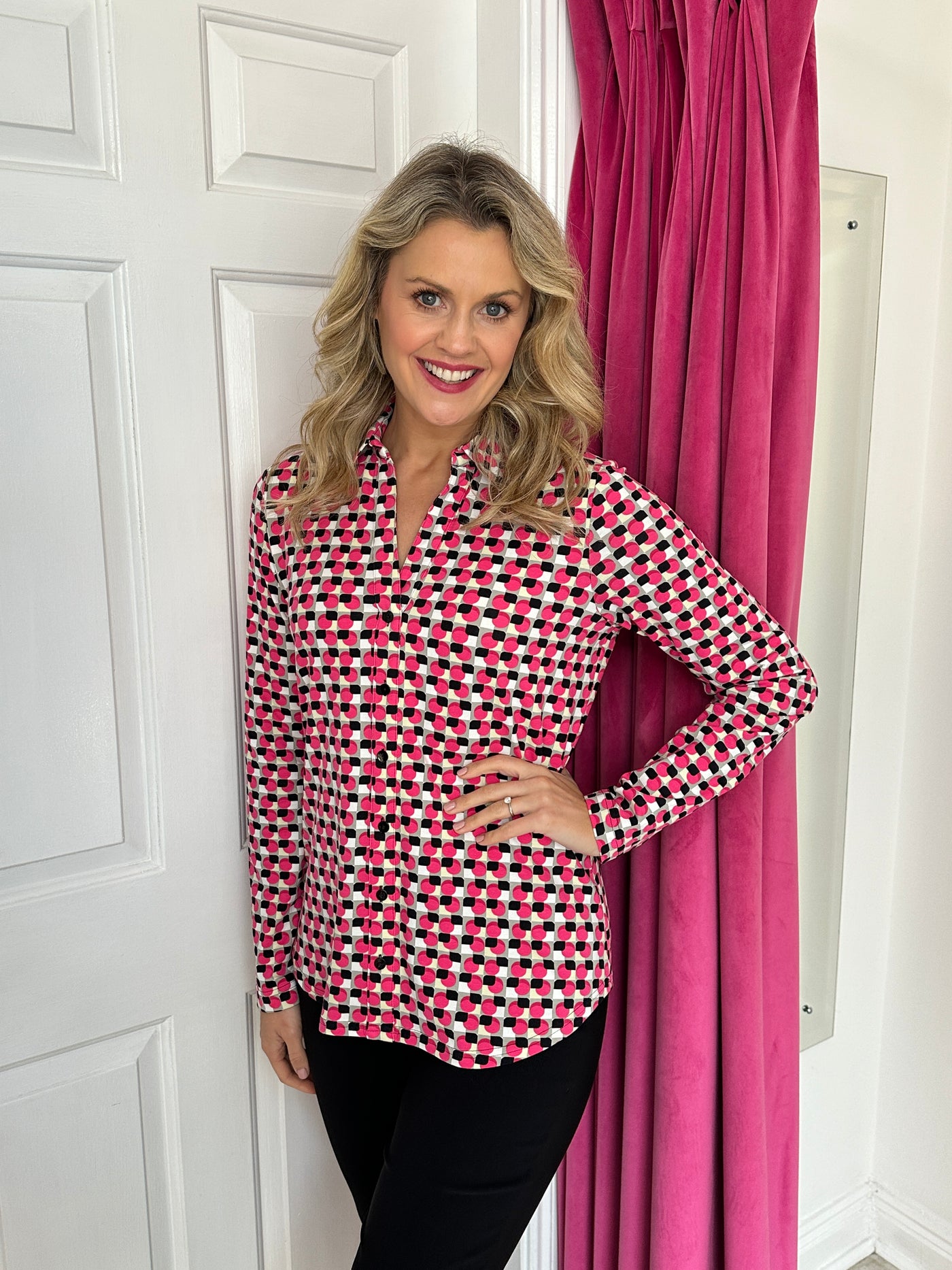 Pink, Black & Grey Geometic Print Top Button Detail and Collar