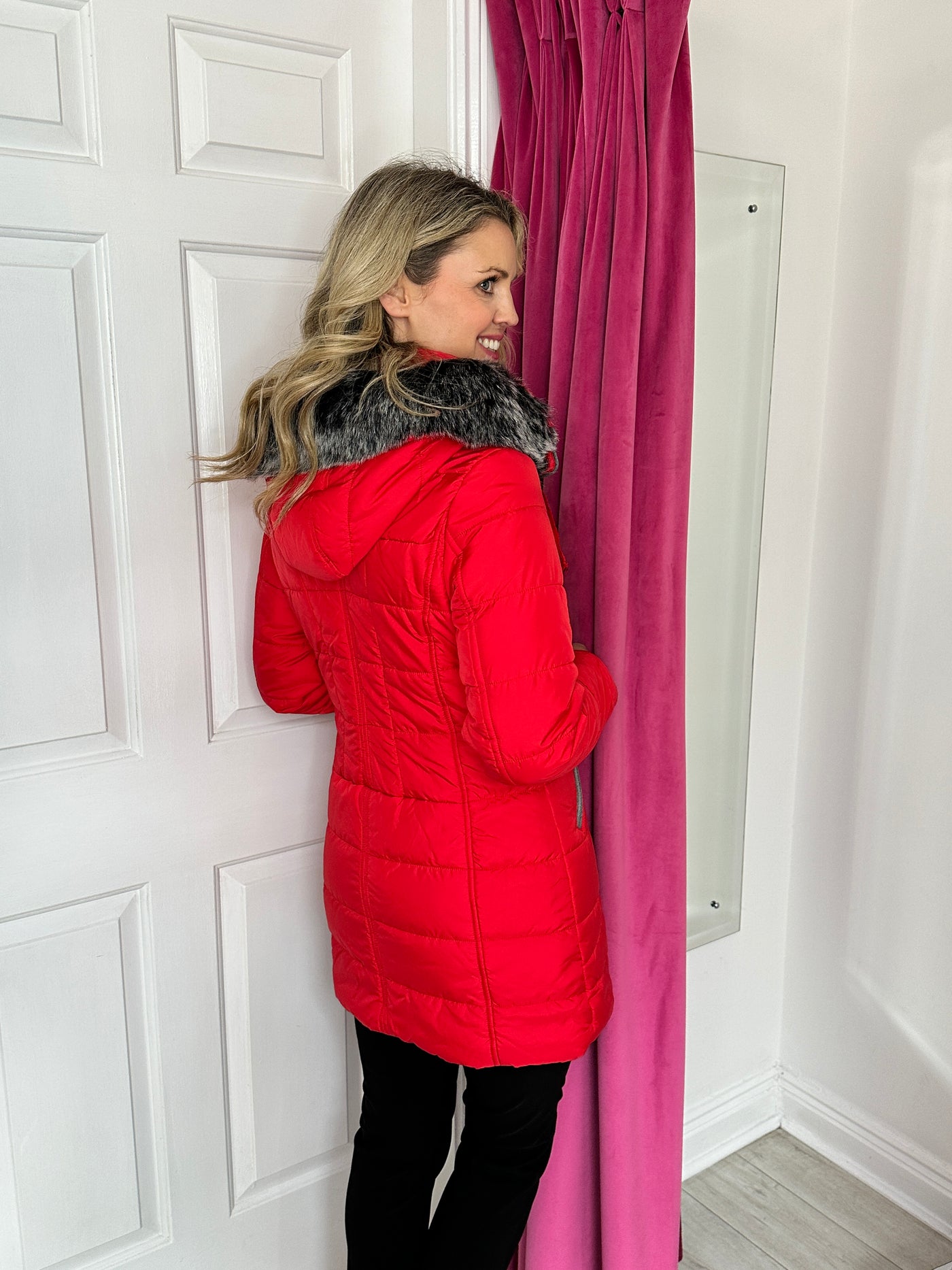 Red Puffer Jacket with Faux Fur Hood and Silver Button & Zip Detailing