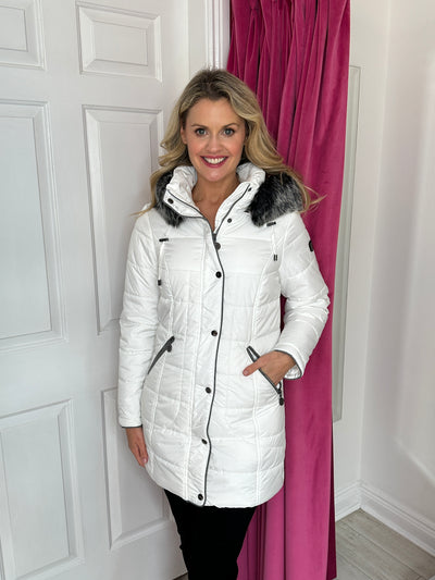 White Puffer Jacket with Faux Fur Hood and Silver Button & Zip Detailing