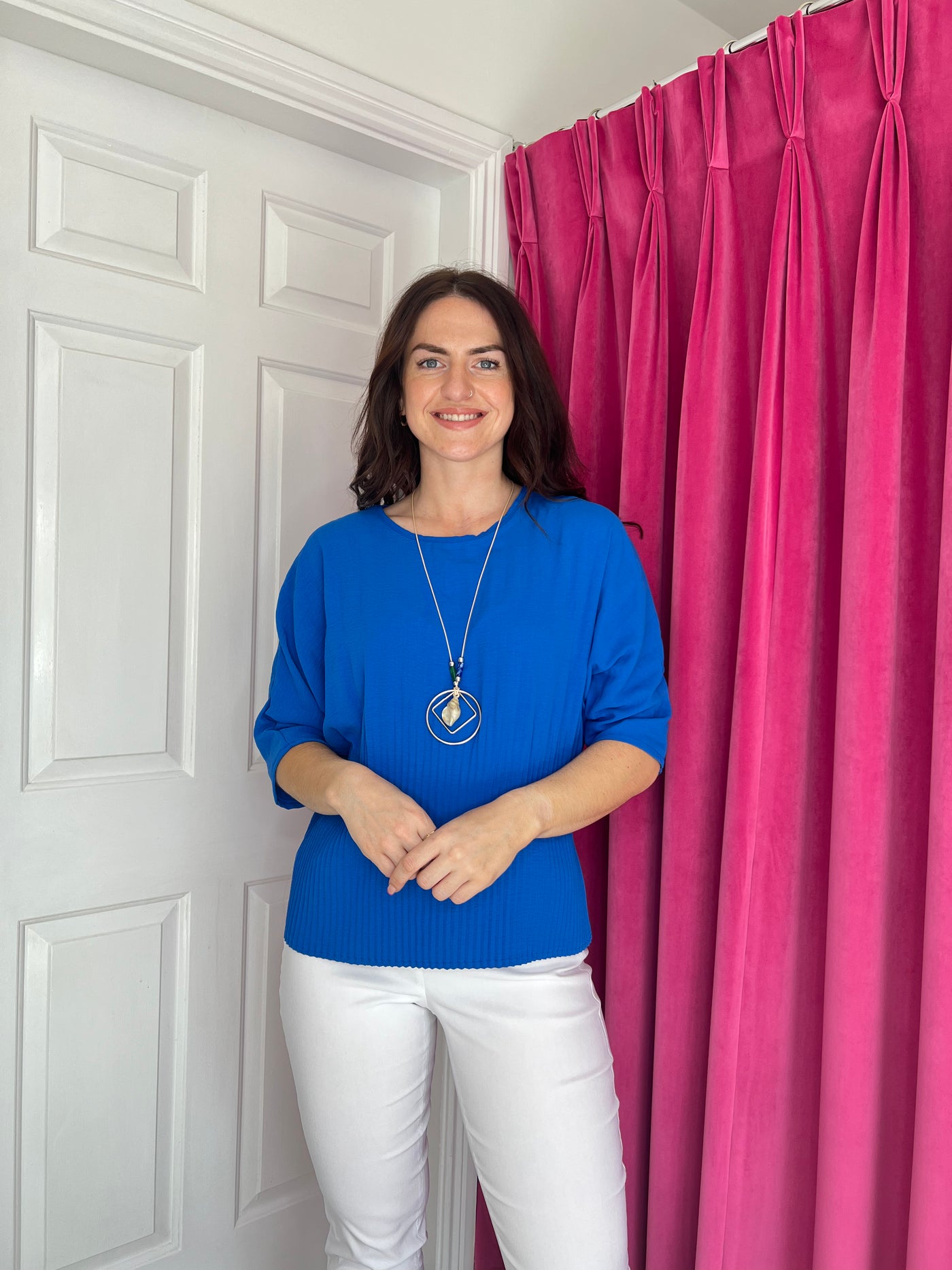 Blue Top with 3/4 Sleeve and Necklace