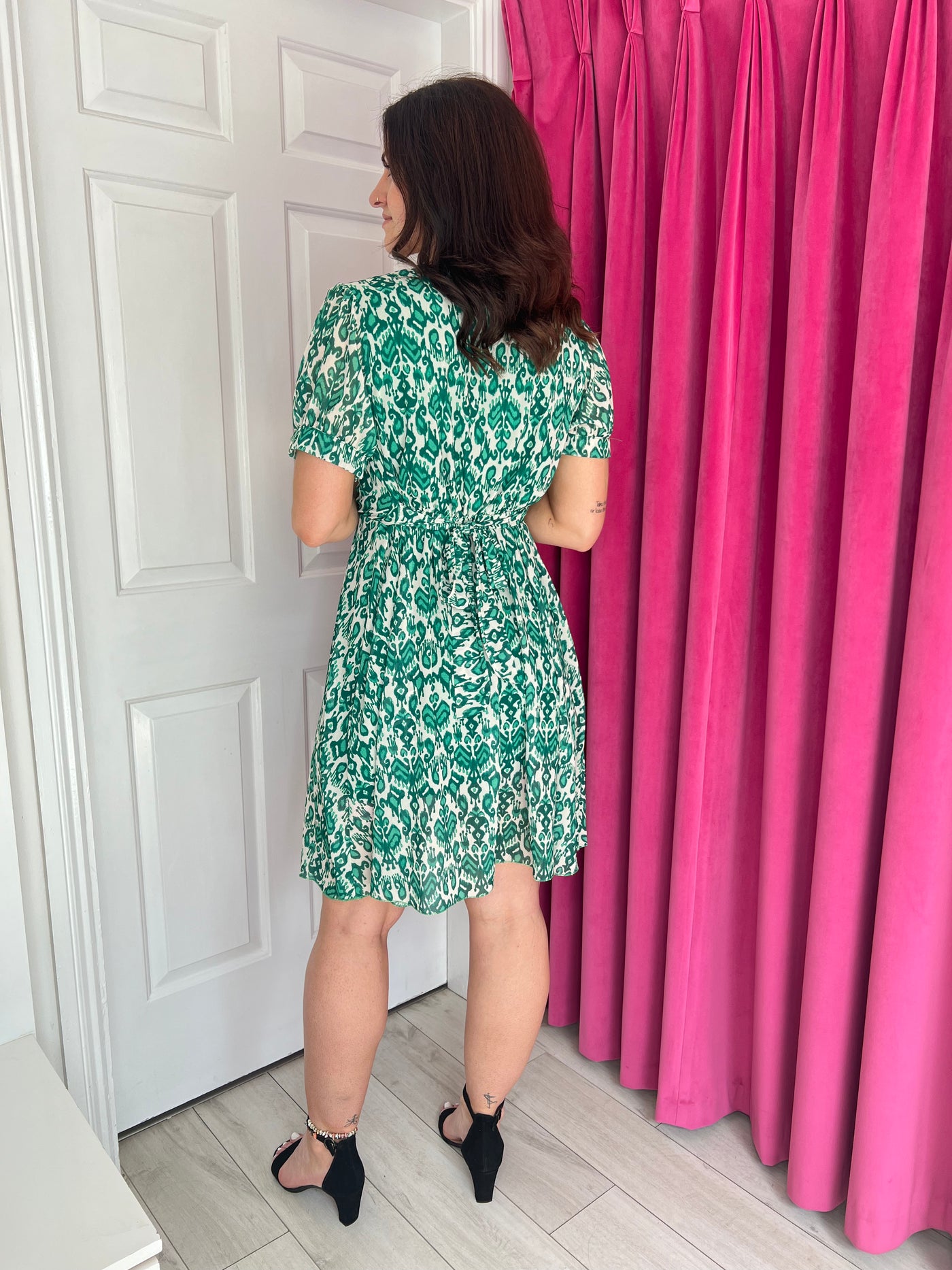 Green Printed Midi Dress with V Neck and Tie Belt