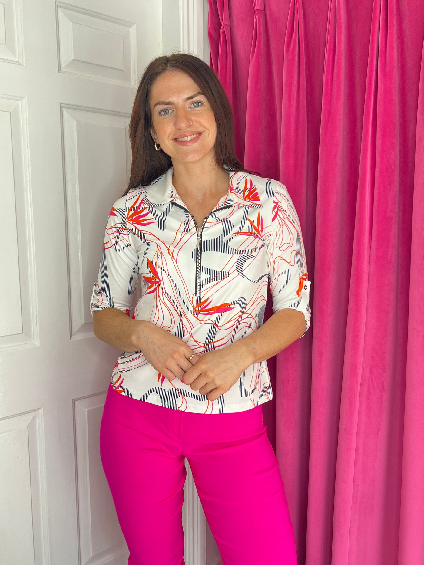 Pink, Orange and Navy Abstract Print Top With Collar and 1/2 Zip