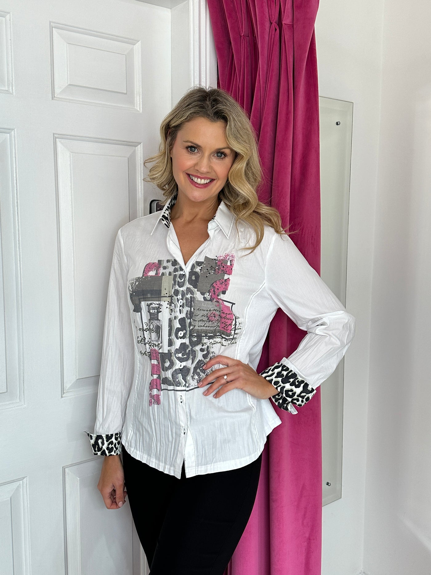Pink & Khaki Graphic Print Shirt With Ribbed Sides and Diamond Detailing