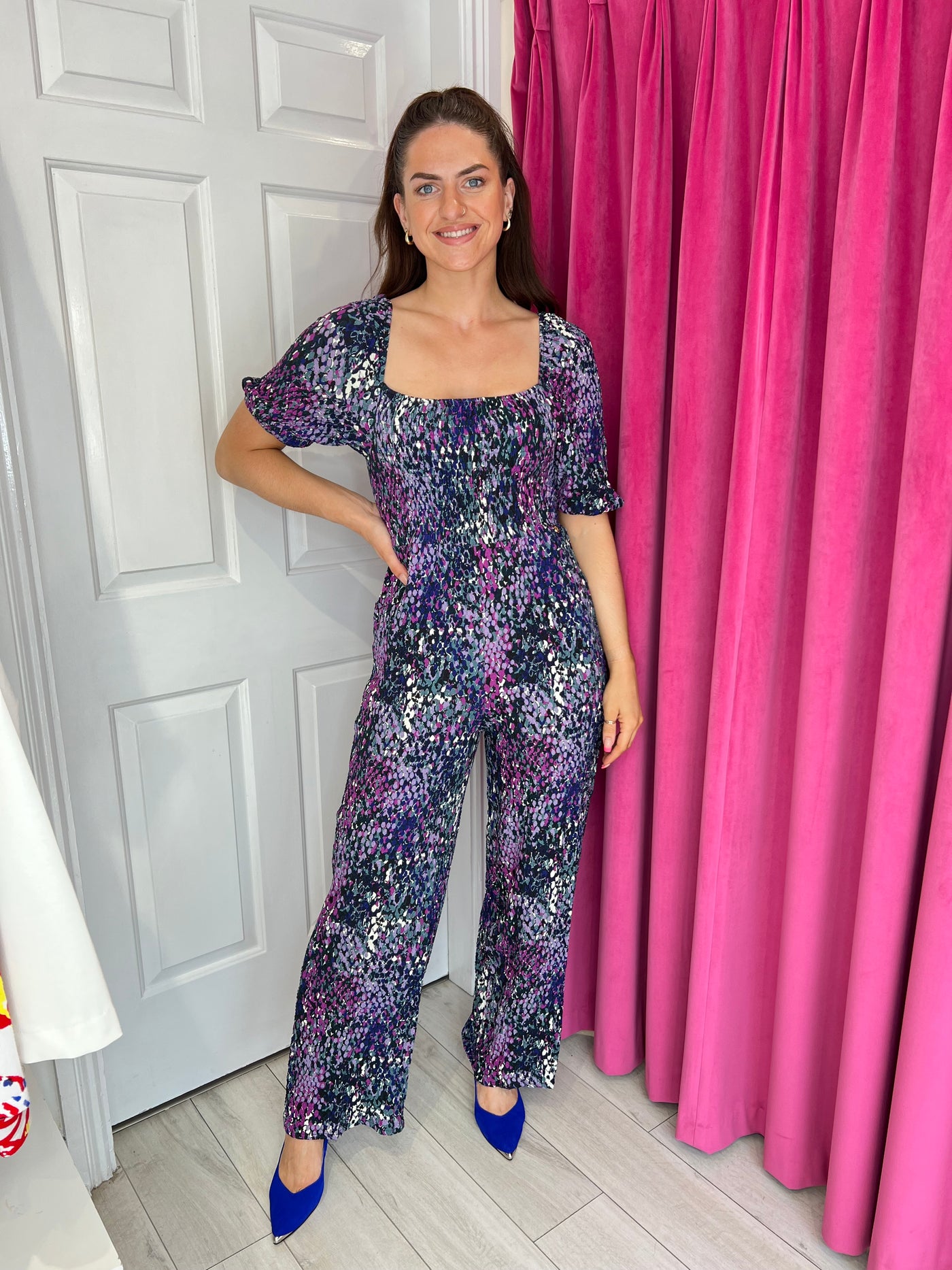 Multicolour Wide Leg Jumpsuit with Square neck and 3/4 Sleeves