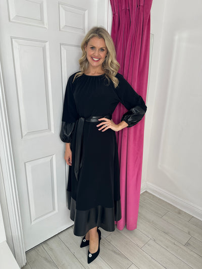 Black Belted Dress With Faux Leather Cuffs/Trim