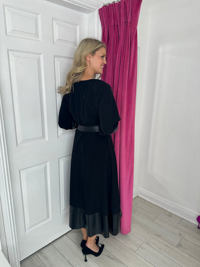 Black Belted Dress With Faux Leather Cuffs/Trim