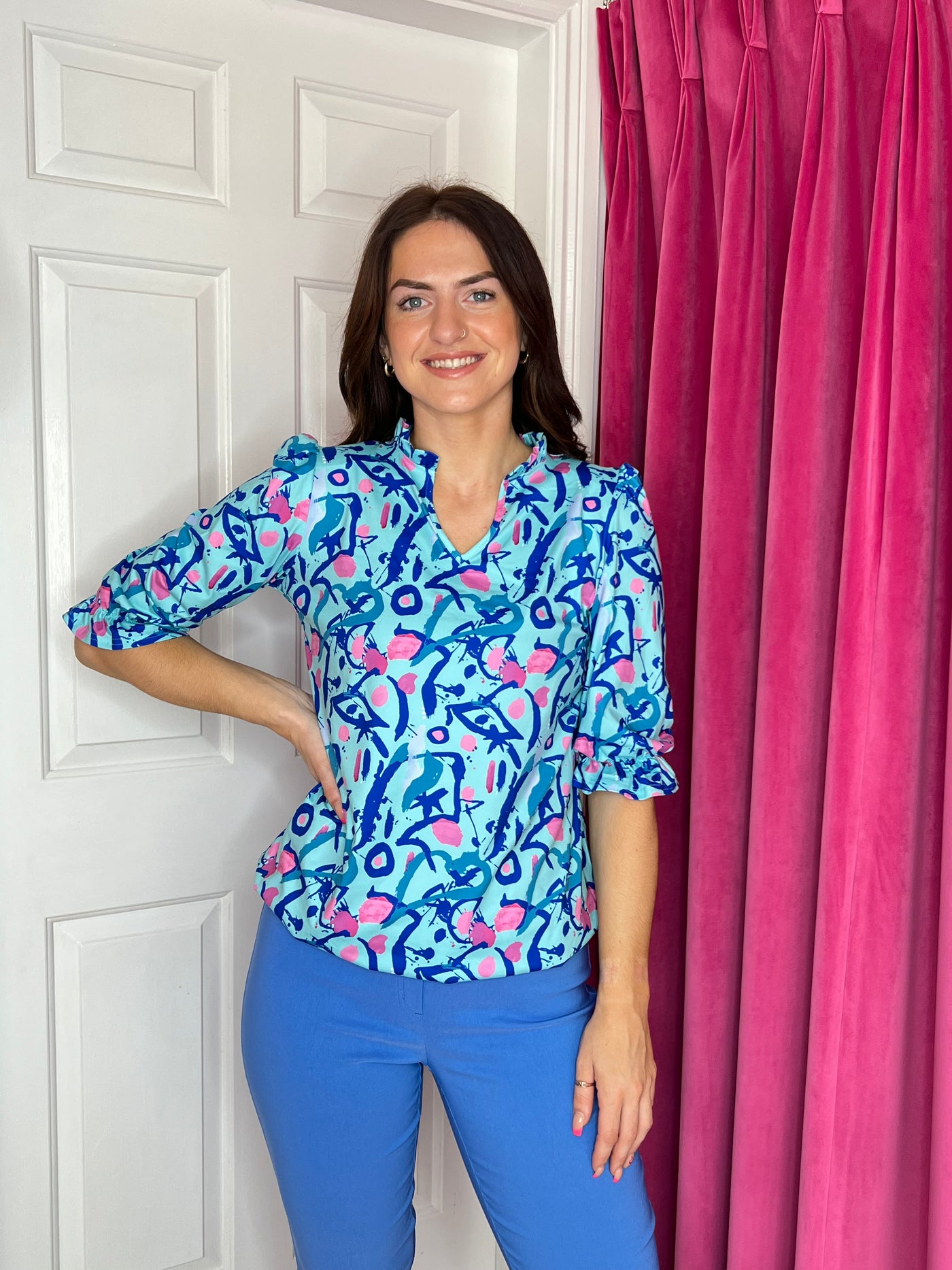 Blue Abstract Print Top with V Neck and Elasticated Waist