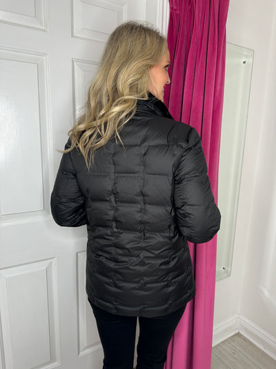 Black Down Puffer Jacket with Faux Fur Trim Collar
