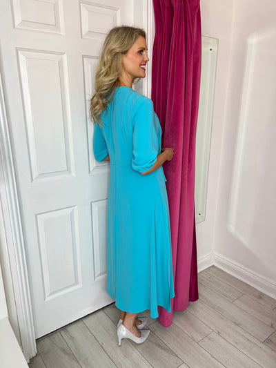 Aqua Blue Dress With 3/4 Sleeves & Neck-Tie Deatiling