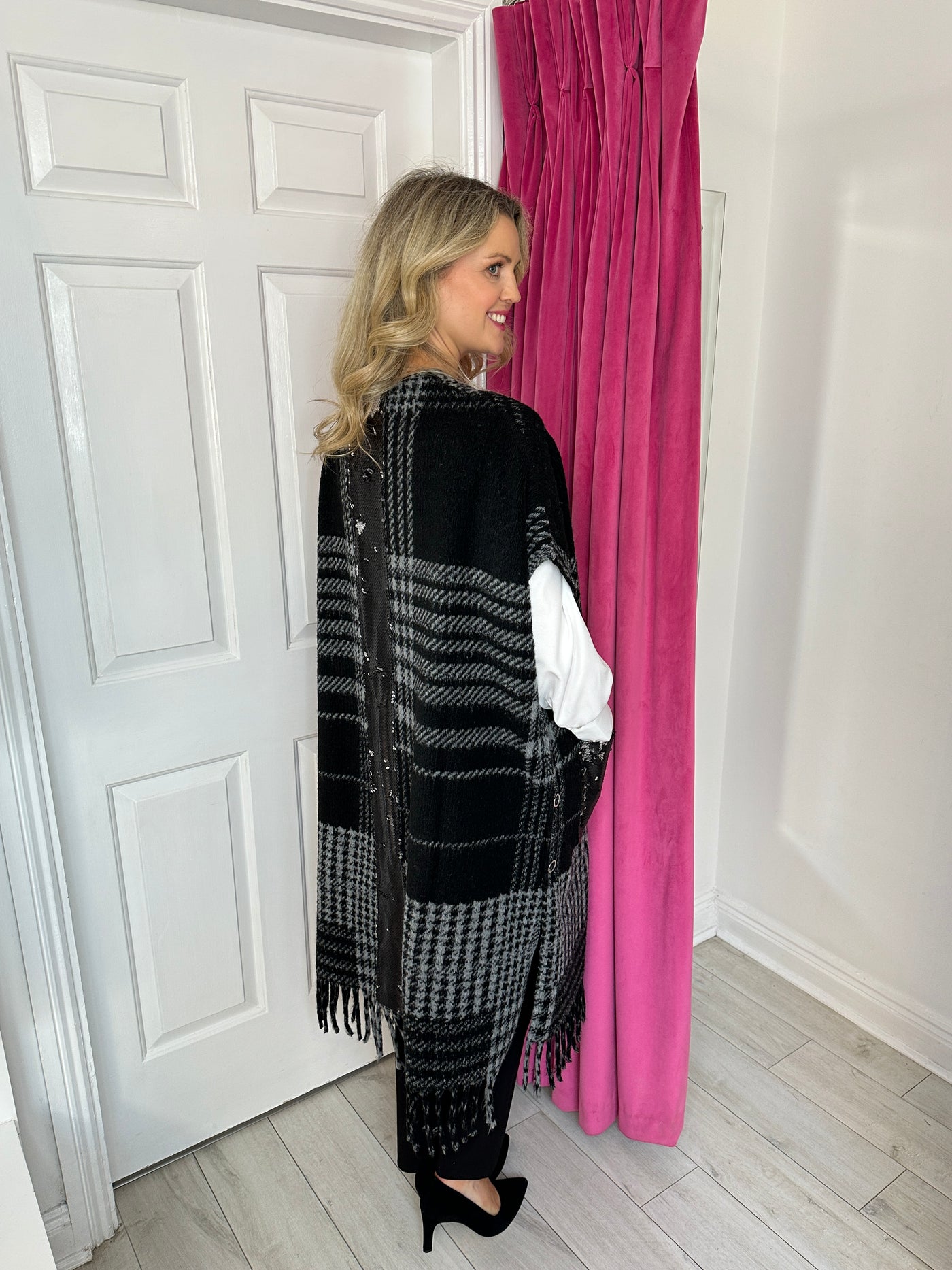 Black & Grey Checked Poncho Style Cardigan with Fringe Detail