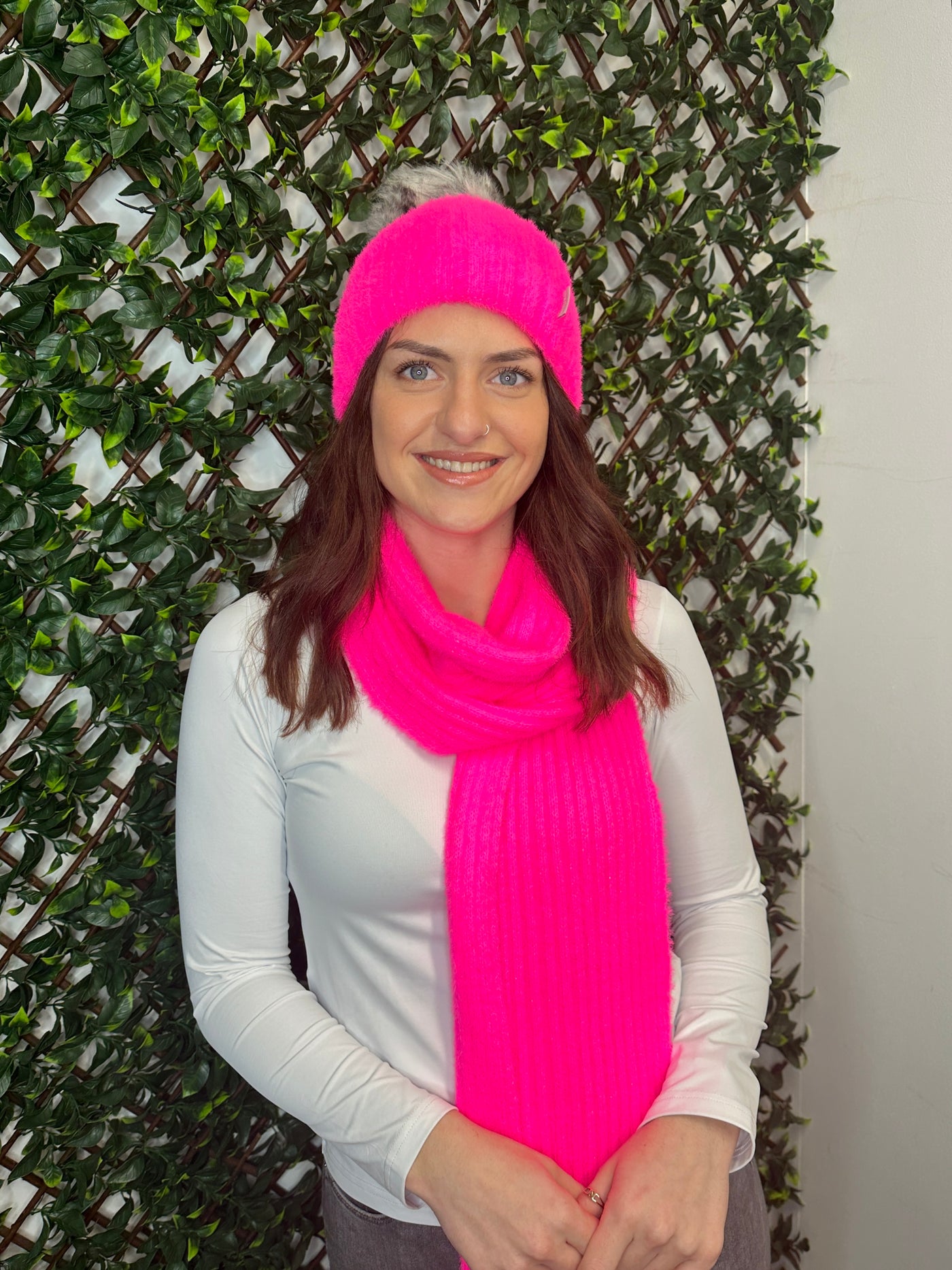 Neon Pink Knit Beanie and Scarf Set