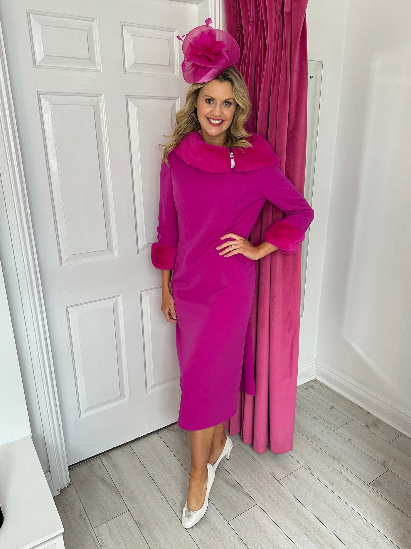 Fushia Midi Dress with Fur Trim and Diamante Detail