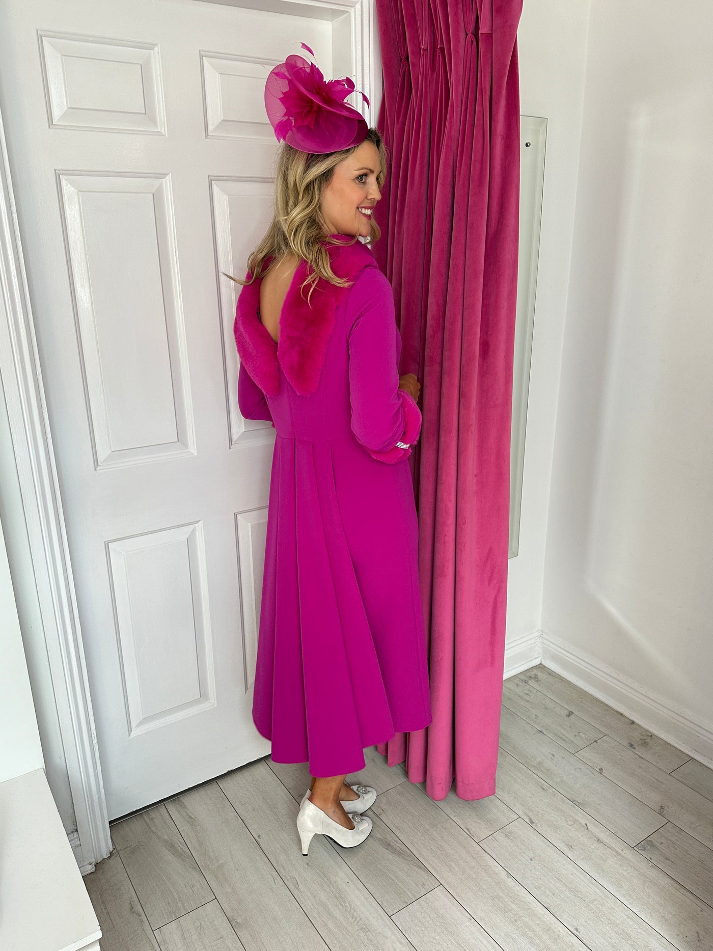 Fushia Midi Dress with Fur Trim and Diamante Detail