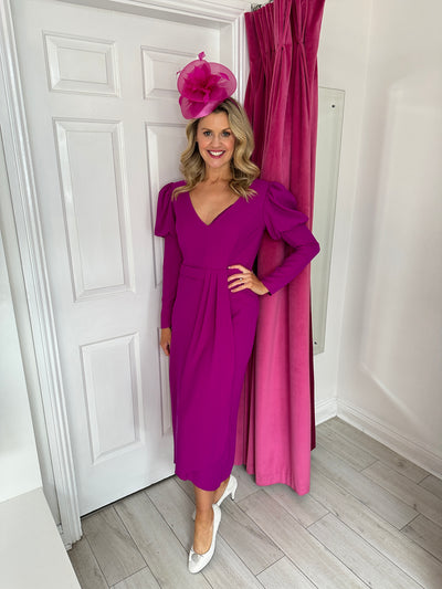 Purple Midi Mock Wrap Cocktail Dress with V Neckline and Peplum Full Length Sleeves