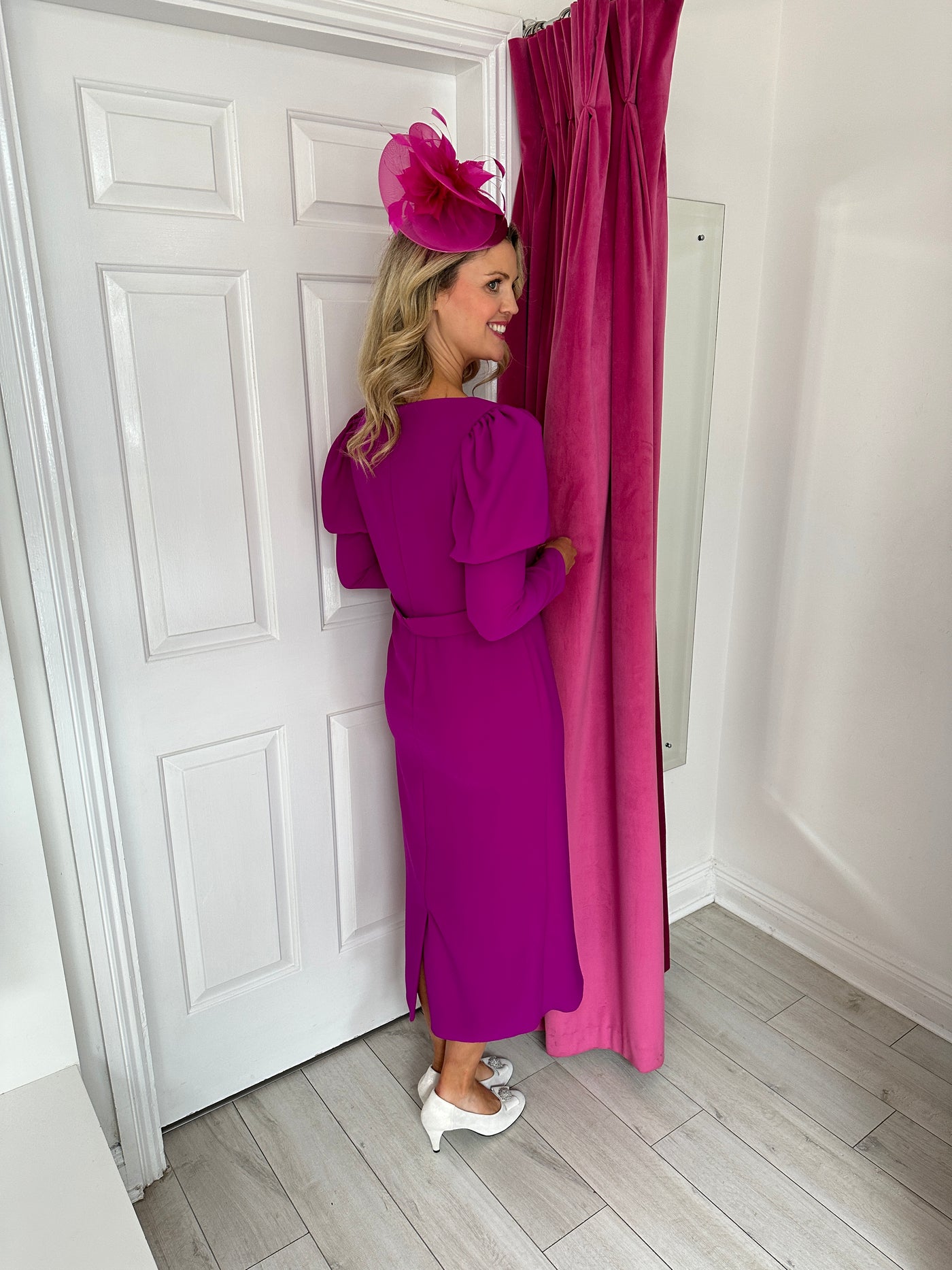 Purple Midi Mock Wrap Cocktail Dress with V Neckline and Peplum Full Length Sleeves