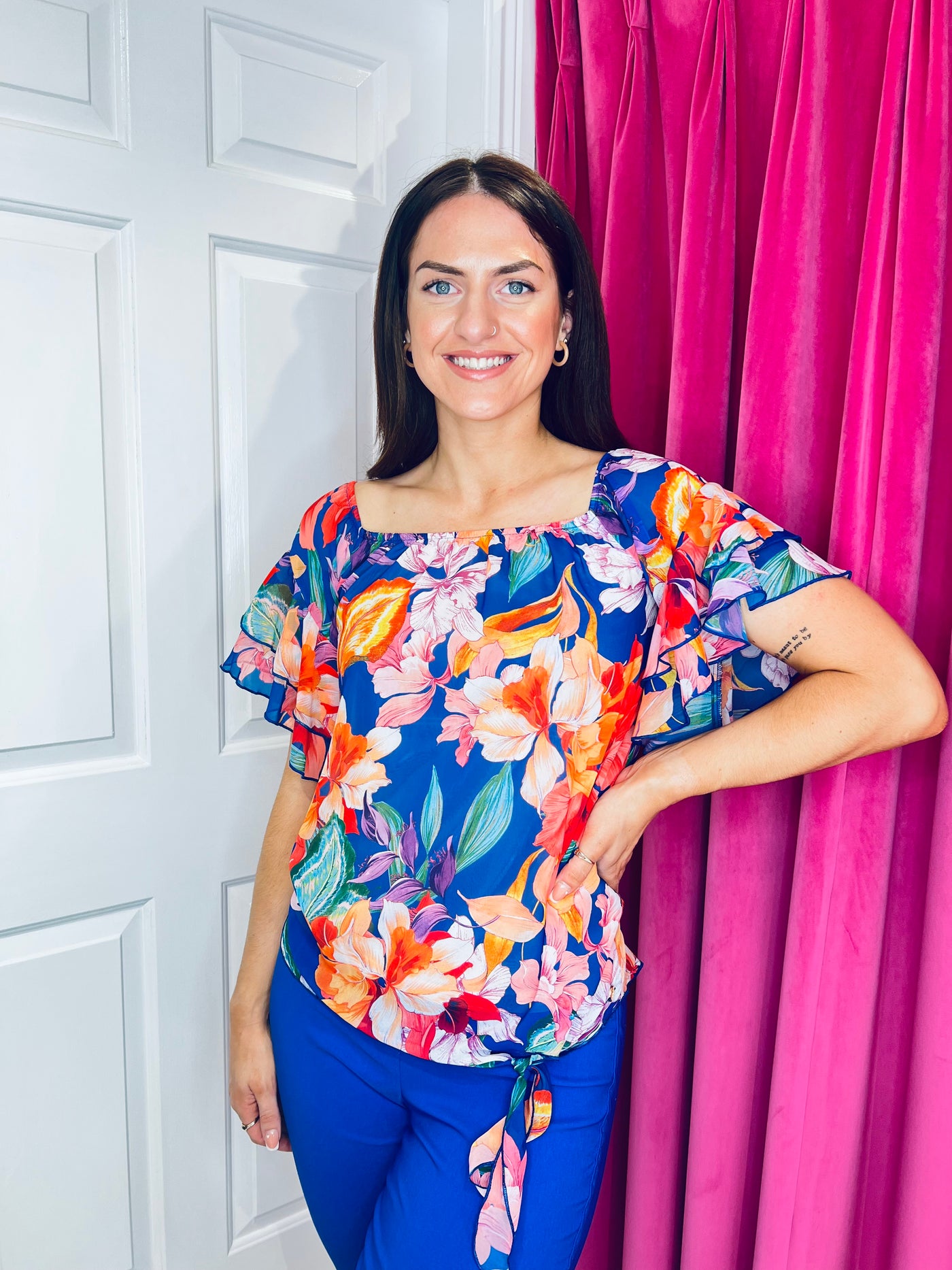 Blue Floral Top with Ruffled Sleeves and Tie Waist