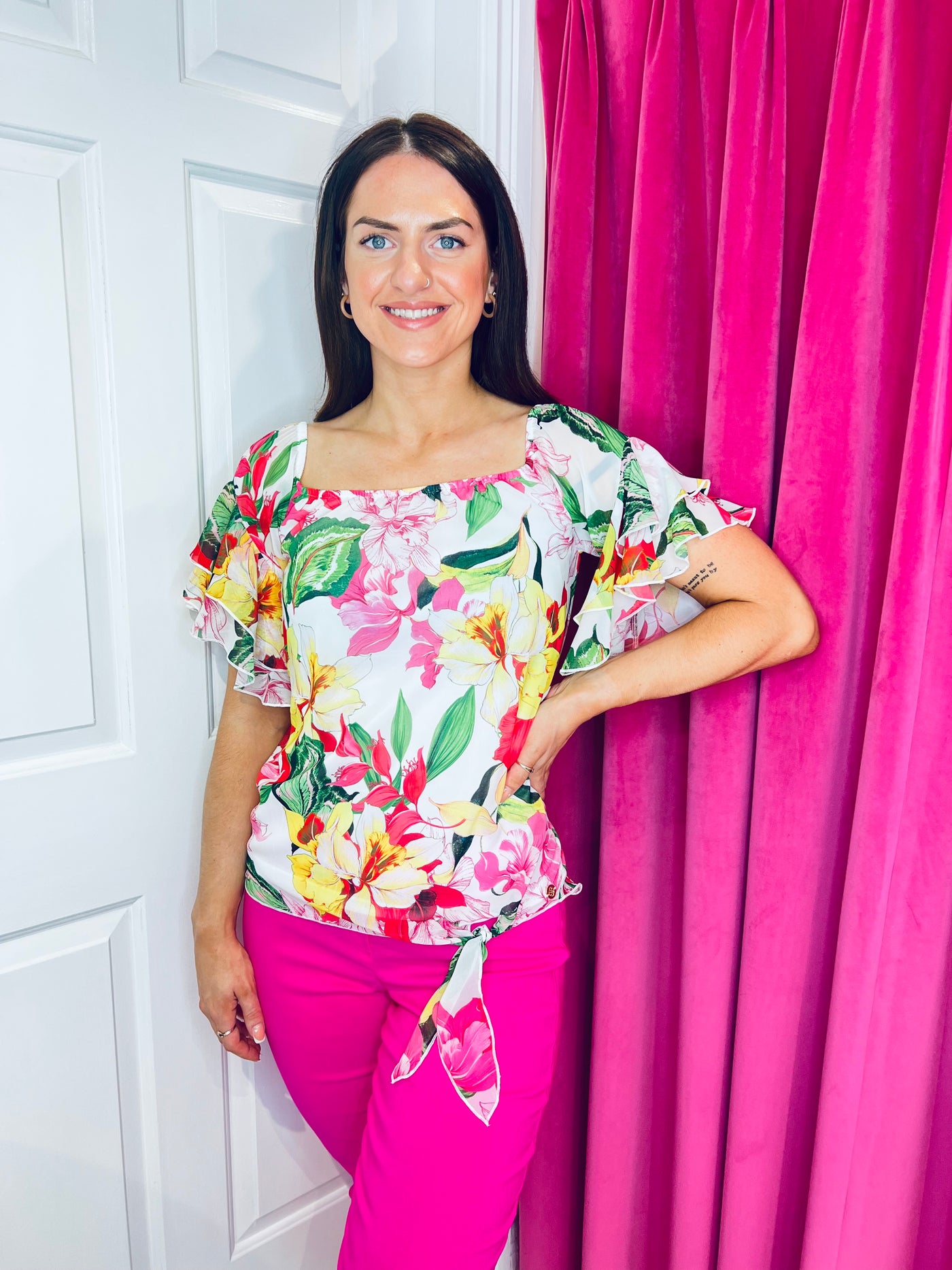 Pink Floral Top with 3/4 Ruffled Sleeves and Tie Waist