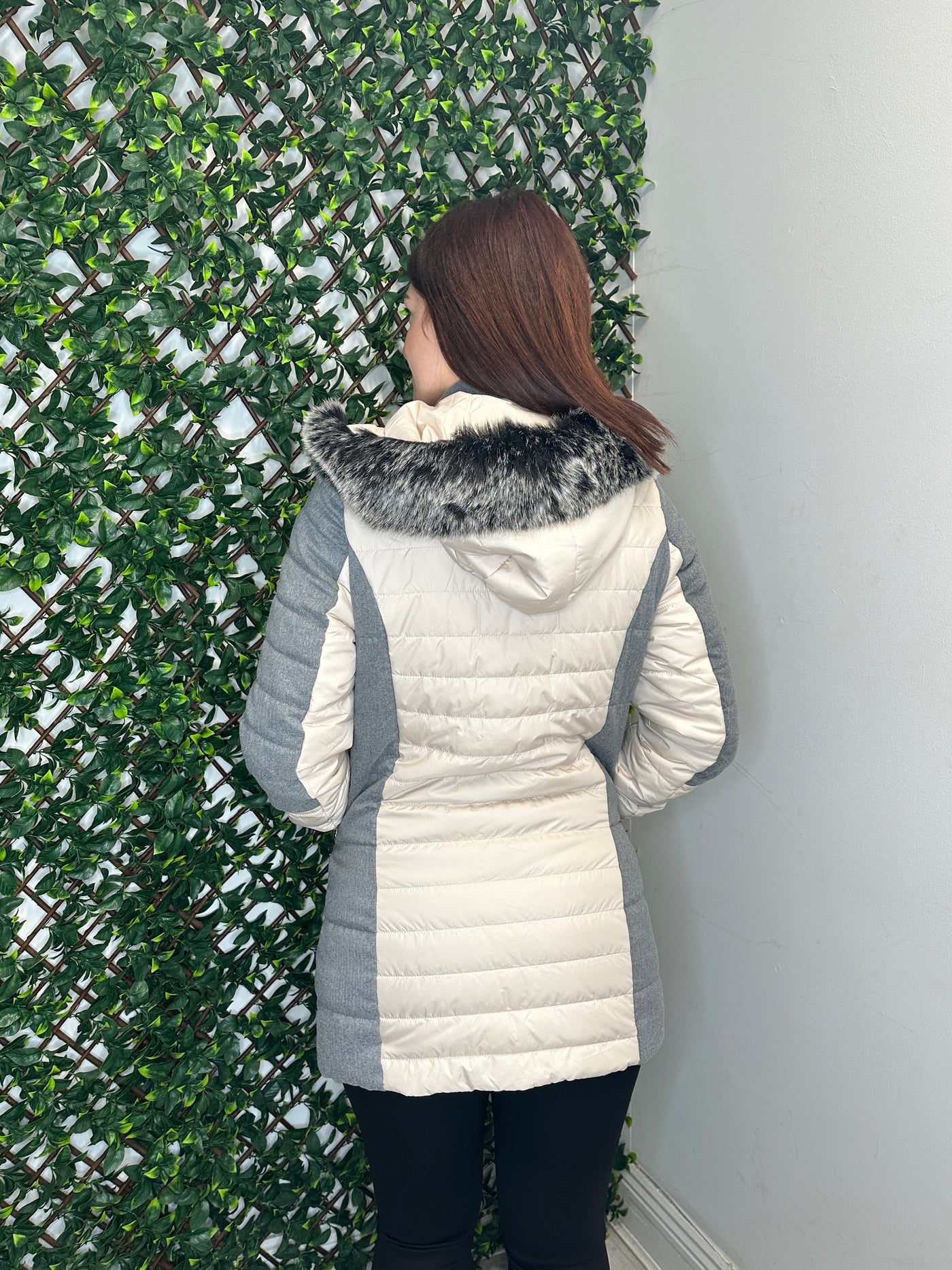 Beige/Grey Coat with Faux Fur