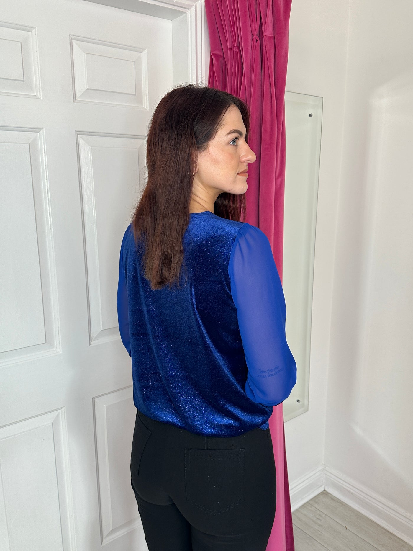 Royal Blue Glitter Top with V-Neck and Sheer Sleeves