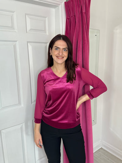 Cerise Glitter Top with V-Neck and Sheer Sleeves