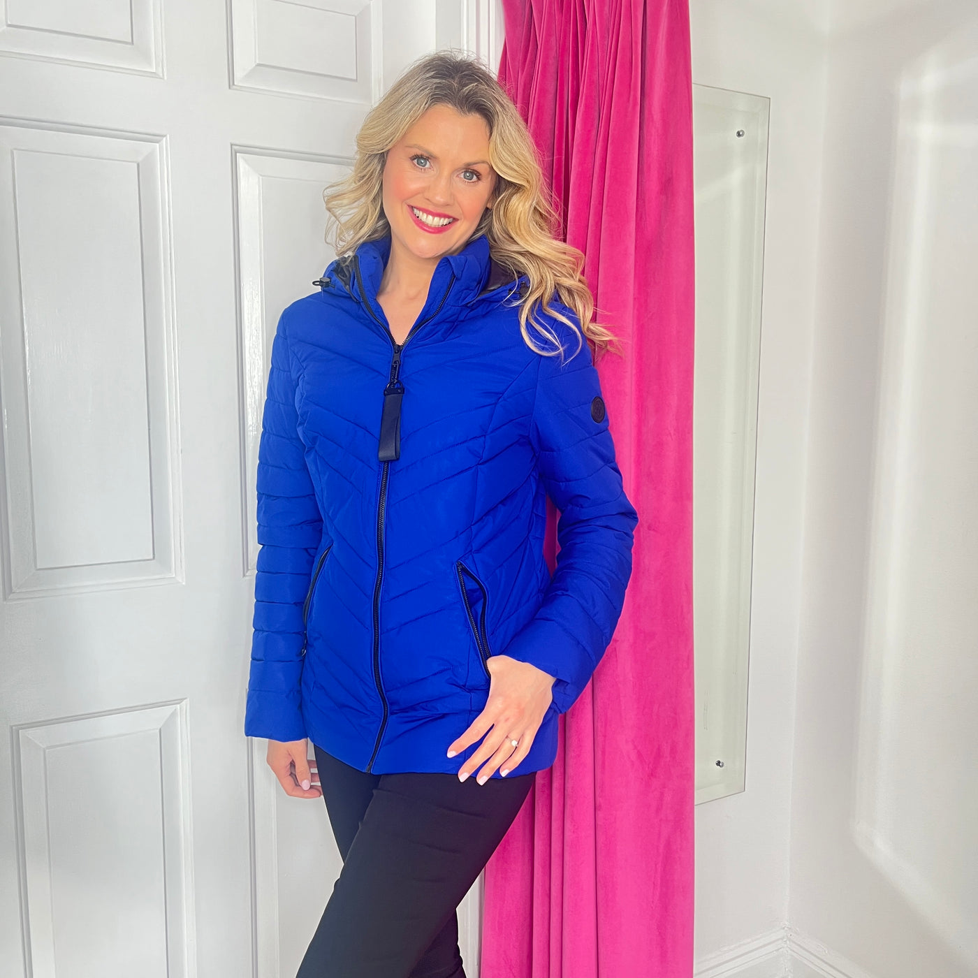 Royal Blue Puffer Jacket with Detachable Hood and Zipped Pockets