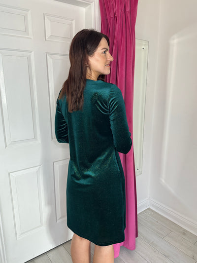 Forest Green Glitter Dress with V-Neck and Rouched Sleeves