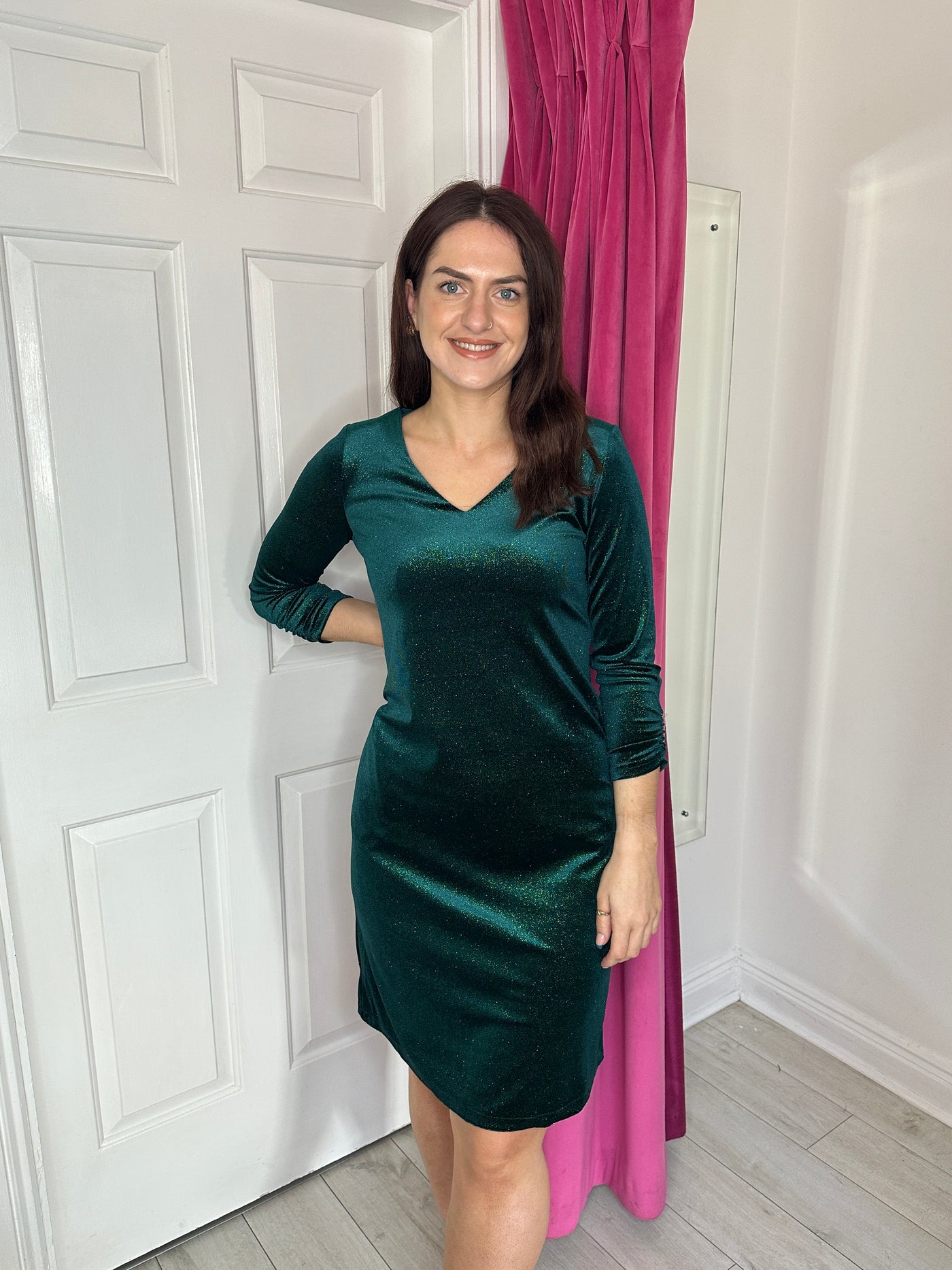 Forest Green Glitter Dress with V-Neck and Rouched Sleeves
