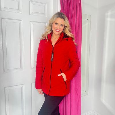 Red Puffer Jacket with Detachable Hood and Zipped Pockets