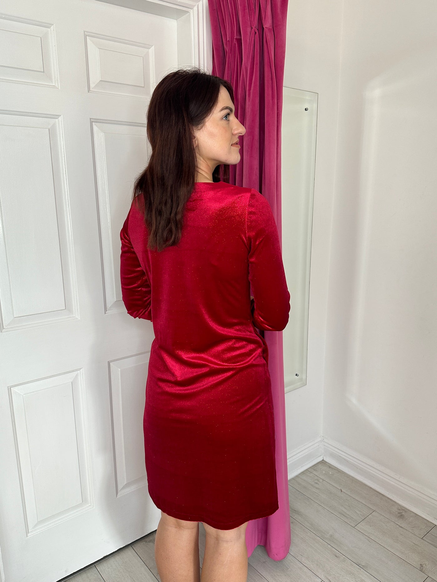 Red Glitter Dress with V-Neck and Rouched Sleeves