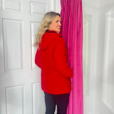 Red Puffer Jacket with Detachable Hood and Zipped Pockets
