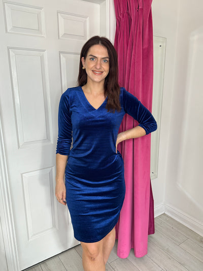 Royal Blue Glitter Dress with V-Neck and Rouched Sleeves
