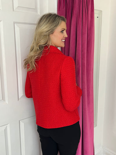 Red Boucle Style Jacket with Front Pockets & Brass Button Detail