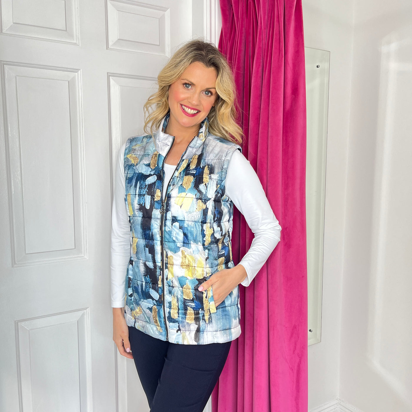 Blue & Grey Abstract Print Padded Gilet with Zip