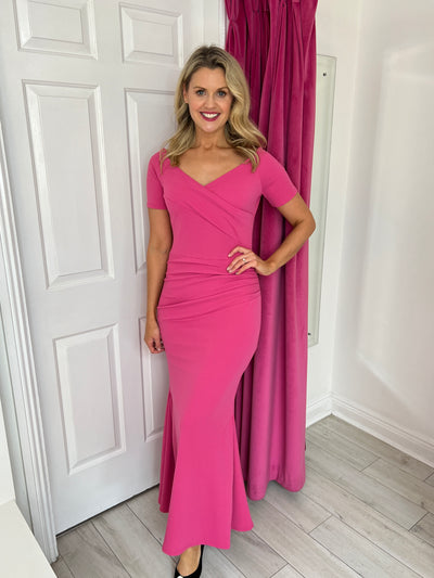 Pink V Neck Maxi Dress with Ruched Detail