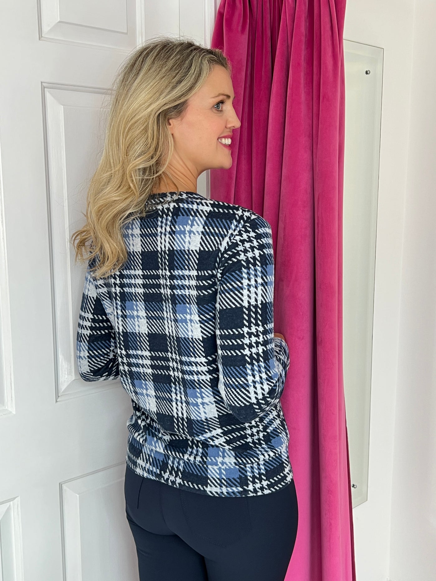 Shades of Blue Check Jumper with Round Neck