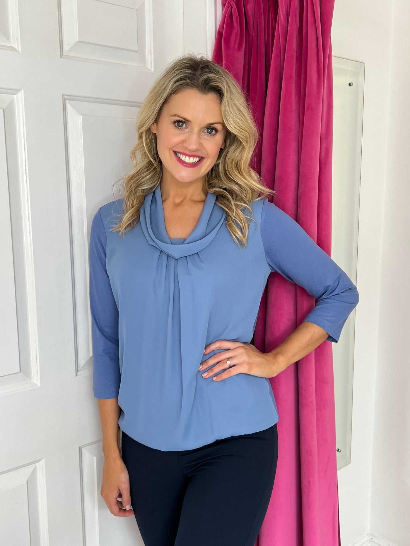 Dusty Blue Cowl Neck Top with 3/4 Sleeves & Elasticated Waistband
