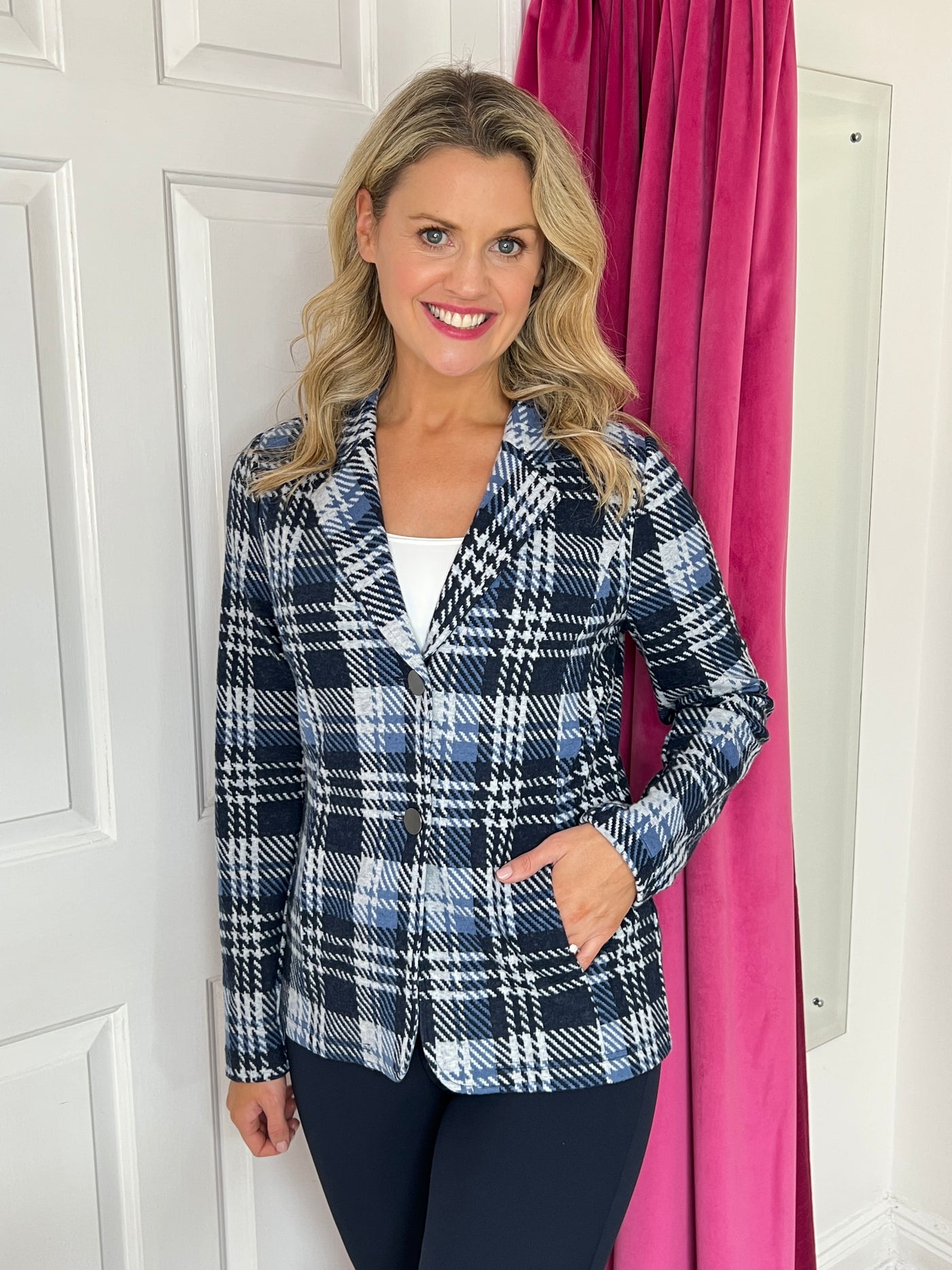 Shades of Blue Check Knit Blazer with Button Closure and Pockets